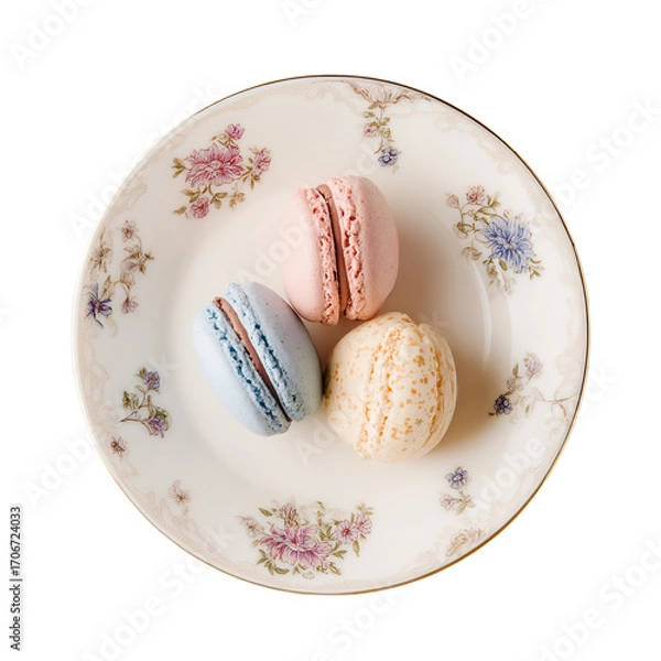 Fototapeta Three colorful macarons arranged on a vintage floral patterned ceramic plate, top-down view.
