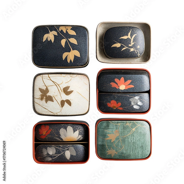 Fototapeta Six decorative Japanese bento boxes arranged in rows on a white surface, top-down view.

