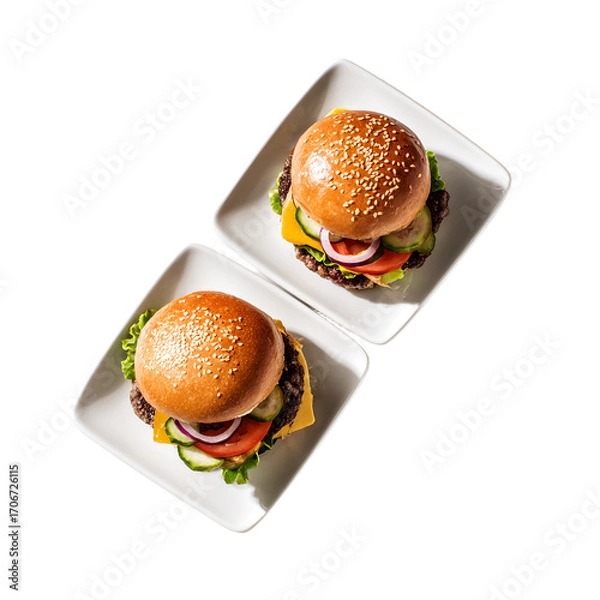 Fototapeta Two gourmet American burgers with sesame seed buns, cheese, lettuce, tomato, cucumber, and onion, presented on square ceramic plates from a top-down view.

