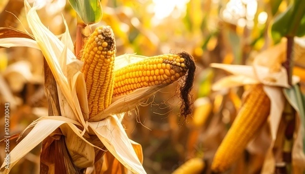 Obraz Golden corn cobs in a field