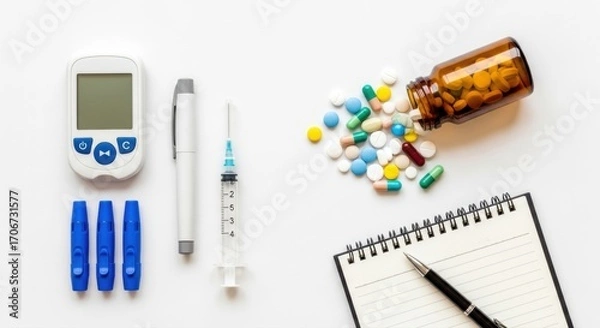 Obraz Diabetes supplies with glucose meter and insulin syringe next to pills and a notebook on white surface