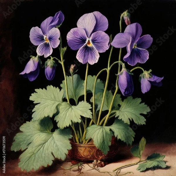 Fototapeta an AI Image Generator, Vivid Purple Pansies in a Decorative Pot Against