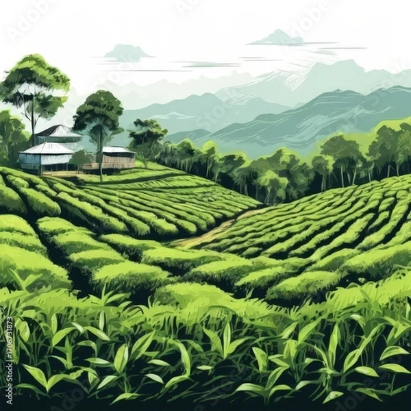 Fototapeta an AI Image Generator, Lush Rolling Tea Plantation Fields with Scenic Mountains and Rustic Shelters