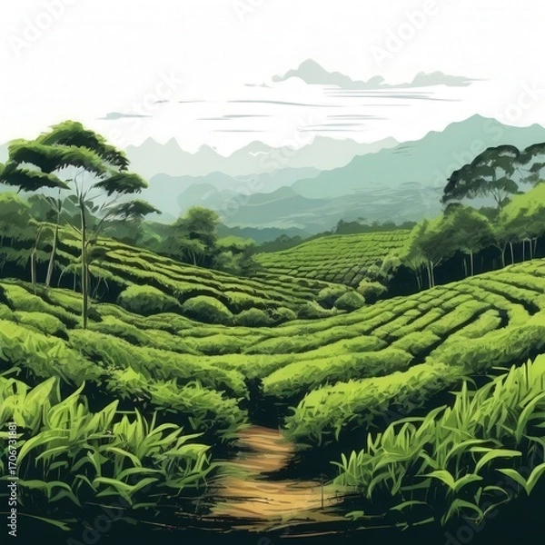 Fototapeta an AI Image Generator, Lush Rolling Tea Plantation Fields with Scenic Mountains and Rustic Shelters