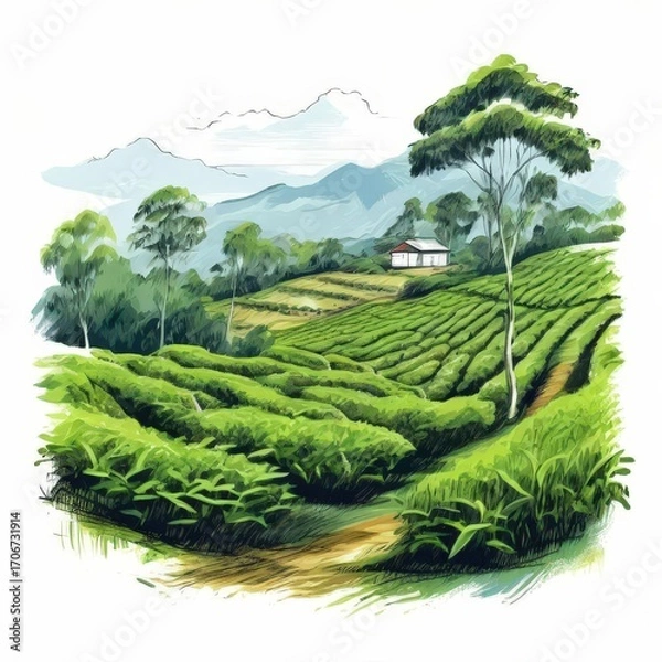Fototapeta an AI Image Generator, Lush Rolling Tea Plantation Fields with Scenic Mountains and Rustic Shelters