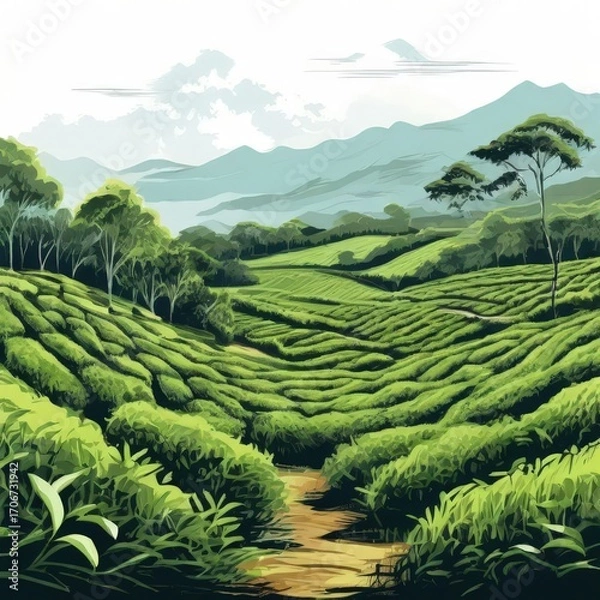 Fototapeta an AI Image Generator, Lush Rolling Tea Plantation Fields with Scenic Mountains and Rustic Shelters