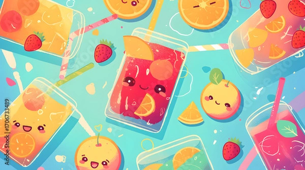 Fototapeta Flat vector comic style abstract background with fruit juice cute