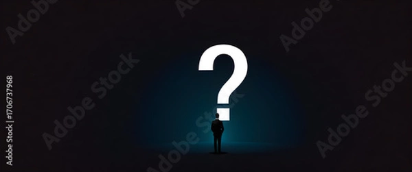 Fototapeta Illustration of man silhouette looking at white question mark. Business man facing glowing question mark. Minimal illustration with black silhouette and bright question mark.
