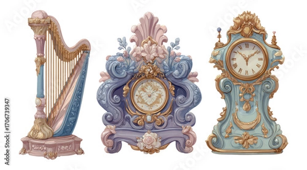 Fototapeta Elegant Vintage Harp and Ornate Clock Illustrations on Transparent Background