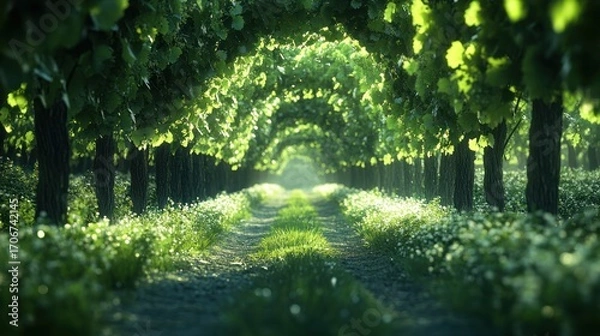 Fototapeta Serene Vineyard Pathway: A Sunlit Stroll Through Lush Green Vines