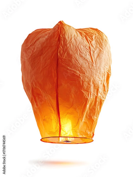 Fototapeta Glowing orange sky lantern floating with light on white background. 