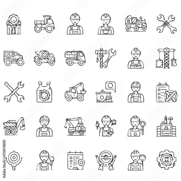 Fototapeta A collection of hand-drawn line art icons representing construction, industry, and heavy machinery.