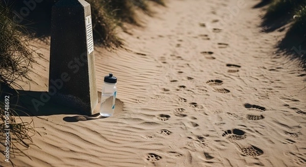 Obraz Outdoor running scene with an unbranded water bottle near a milestone on a coastal path. Features sand ripples, footprints, natural lighting, and deep focus for sharp textures