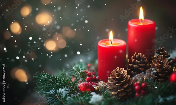 Fototapeta Christmas and New Year background with festive decorations, snowflakes, and holiday-themed elements. Ideal for greeting cards, invitations, and seasonal designs.