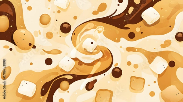 Fototapeta Flat vector comic style abstract background with cute colorful drink coffee and sugar cube