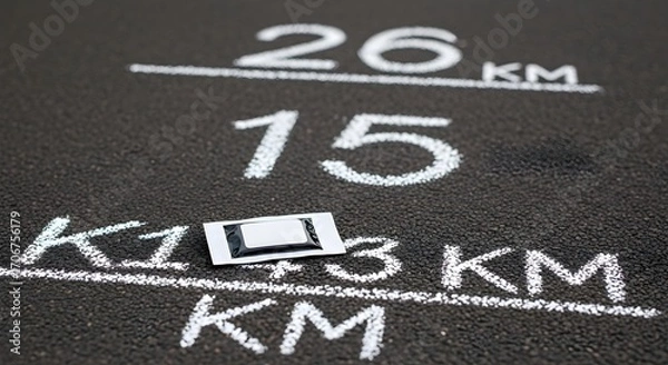 Obraz Outdoor running concept with unbranded energy gel, set in a park loop with distance markers. Natural light, deep focus for sharp textures. Clean composition, copy space. Noise-free, editorial safe.