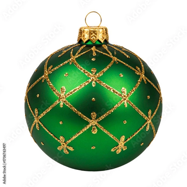 Obraz Glass ball toy for Christmas tree. Green ball with golden ornament and sparkles, isolated on white background.
