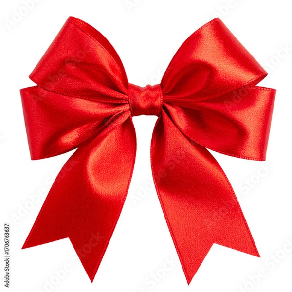 Obraz Cut out image of silk ribbon bow for gift box, decor. Elegant festive red bow made of satin glossy ribbon.