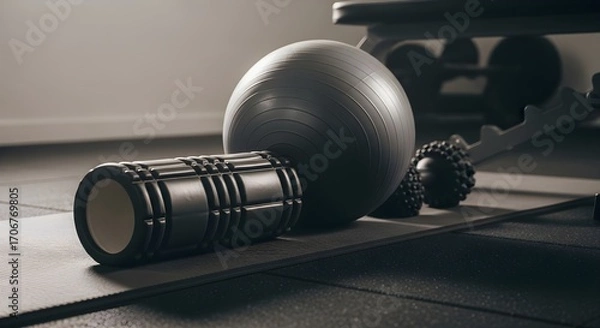 Fototapeta Gym workout concept with foam roller and massage ball on a rubber mat in a garage gym, featuring natural lighting and deep focus for sharp textures and crisp edges.