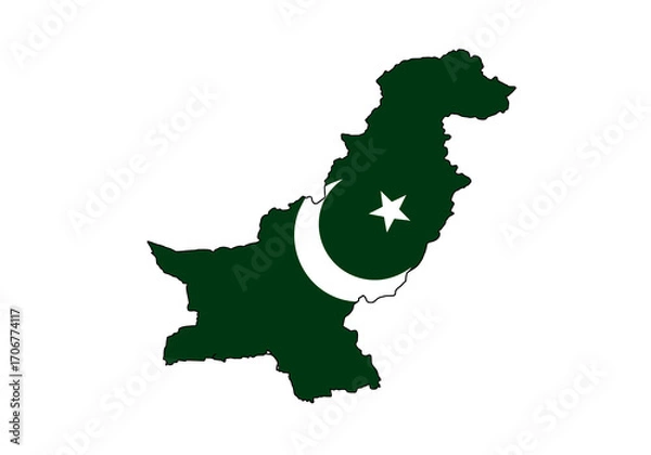 Fototapeta Pakistan map outlined in green with a centered white crescent moon and star