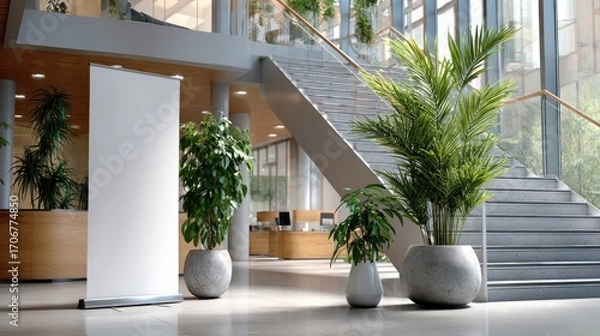 Fototapeta Modern Lobby: An eye-level shot reveals a sleek, modern lobby space filled with inviting light, a decorative banner, a staircase, and plants, inviting a sense of calm and professionalism.