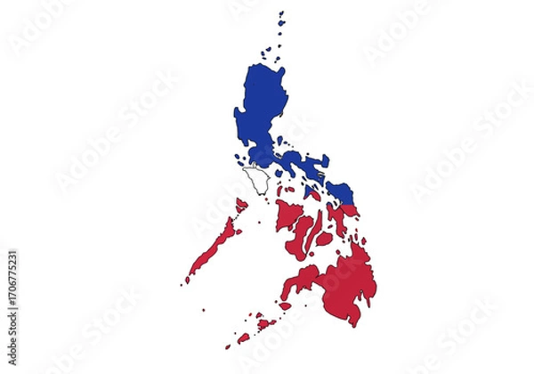 Fototapeta The Philippines archipelago colored blue and red is outlined in black against a white background