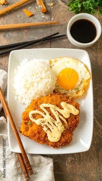 Obraz Fried fish, rice, and egg plate