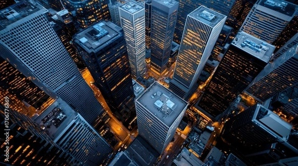 Fototapeta Aerial view of illuminated skyscrapers in a bustling city