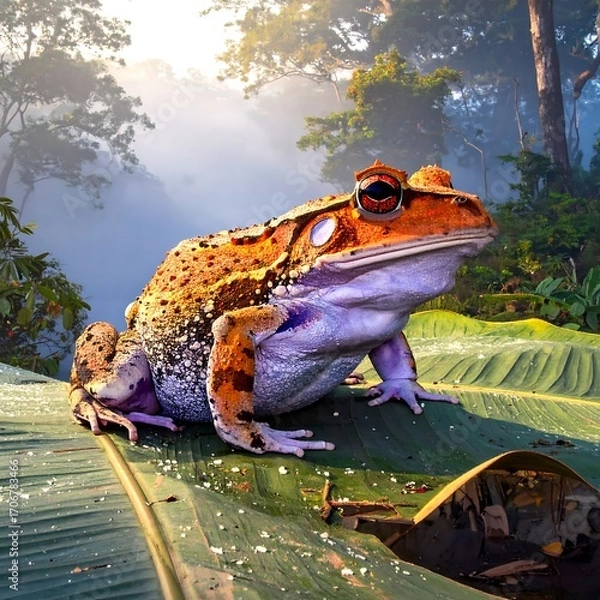 Obraz Frog on a leaf in a misty forest