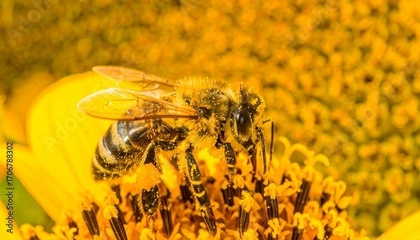 Fototapeta A Close Up Shot Of A Honey Bee Gathering Pollen, Beautifully Captured On A Bright Yellow Sunflower, Highlighting The Bee S Detailed Structure And Pollen Collection.