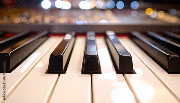 Fototapeta A Close Up Shot Of Piano Keys Showcases The Elegant Design And Detail, Featuring The Black And White Keys With A Soft Bokeh Background, Representing Music And Instrument.