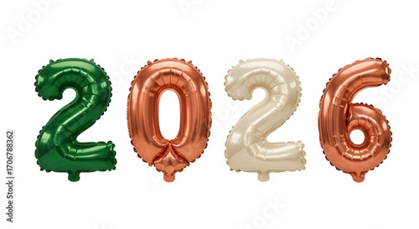 Fototapeta Colorful metallic balloons forming number 2026 in festive green, copper, and cream colors, perfect for New Year celebrations or milestone events