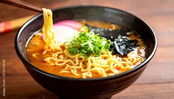 Fototapeta A Delicious Bowl Of Ramen Noodles Savory Broth, Spring Onions, And Nori Seaweed, A Perfect Asian Cuisine Meal With Comprehensive Details And Informative Content For Stock Photography Needs