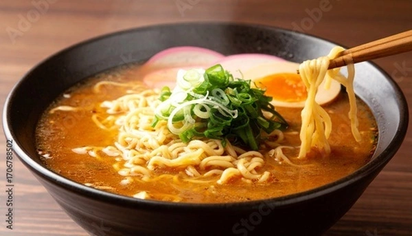 Fototapeta A Delicious Bowl Of Spicy Ramen Noodles Aromatic Broth, Egg, And Green Onions Garnish This Tempting Japanese Noodle Soup, Ready To Eat. With Comprehensive Details And Informative Content
