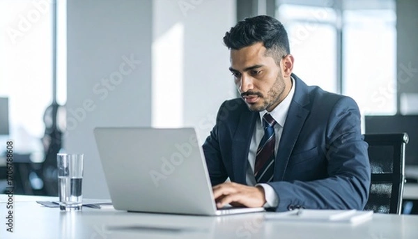 Fototapeta A Focused Businessman Works On A Laptop, In This Image, A Professional Individual Is Engrossed In Using A Laptop, Emphasizing Productivity And Efficiency In A Modern Office Environment,