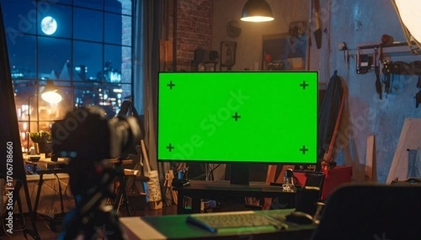 Fototapeta A Green Screen Displayed On A Monitor In A Dark Studio With A Nighttime View, Perfect For Content Creation And Video Production, Featuring A Beautiful Moon In The Background.