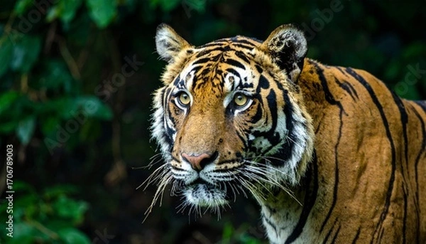 Fototapeta A Majestic Tiger A Stunning Close Up Portrait Showcasing The Beauty Of A Wild Bengal Tiger In Its Natural Habitat, Highlighting The Intricate Details Of Its Face And Striking Eyes.