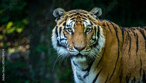 Fototapeta A Majestic Tiger Gazes Directly At The Viewer, Showcasing Striking Details Of Its Fur, Stripes, And Powerful Presence, A Stunning Wildlife Portrait. With Comprehensive Details And