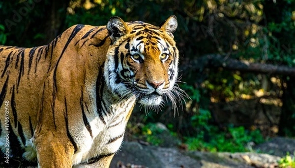 Fototapeta A Majestic Tiger, A Close Up Portrait, Showcasing Striking Orange And Black Stripes, Capturing The Essence Of Wildlife, A Symbol Of Power And Beauty, In A Natural Habitat.