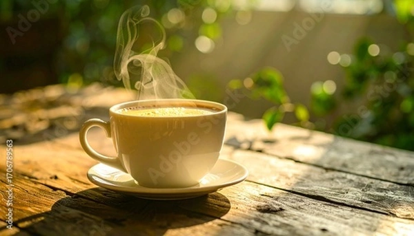 Fototapeta A Steaming Coffee Cup On A Wooden Table, Bathed In Warm Sunlight, Creating A Relaxing And Inviting Morning Scene, Perfect For Cozy Moments And Contentment.