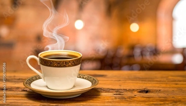 Fototapeta A Steaming Cup Of Coffee Sits On A Rustic Wooden Table, Offering A Warm And Inviting Cafe Experience, Perfect For Relaxation And Enjoyment. With Comprehensive Details And Informative
