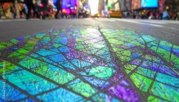 Fototapeta A Stunning Abstract Mosaic Artwork Displayed On City Street, Featuring Vibrant Blues, Greens, And Purples In A Striking Geometric Pattern, Capturing The Energy Of Urban Life.