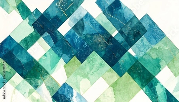 Fototapeta A Stunning Abstract Watercolor Painting Featuring Interlocking Teal And Green Geometric Shapes, Creating A Modern And Elegant Design Perfect For Home Decor And Wall Art.