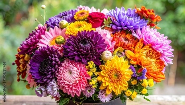 Obraz A Stunning Arrangement Of Vibrant Chrysanthemum Flowers In A Colorful Bouquet, Perfect For Gifting Or Home Decor, Showcasing A Rainbow Of Hues And Exquisite Detail.
