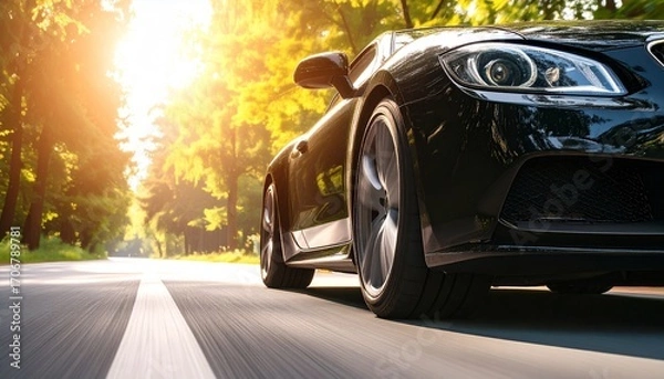 Fototapeta A Stunning Black Luxury Car Speeds Down A Sunny Road, Showcasing Its Sleek Design And Powerful Performance. This High Resolution Image Is Perfect For Automotive Advertising, Websites, And