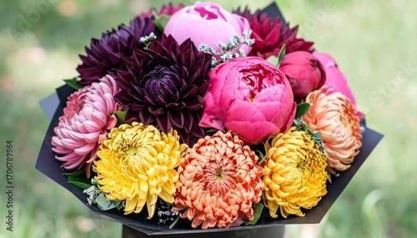 Fototapeta A Stunning Bouquet Of Dahlias, Peonies, And Chrysanthemums In Vibrant Colors, Arranged In An Elegant Black Box, Perfect For Gift Giving Or Special Occasions.