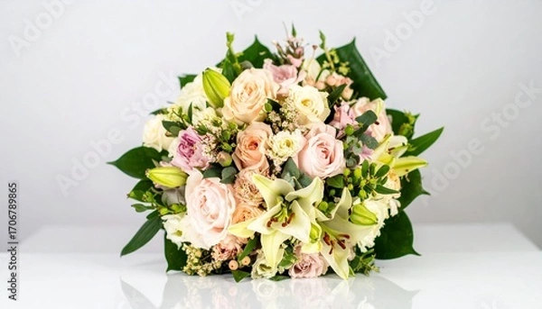 Fototapeta A Stunning Bouquet Of Roses And Lilies Displayed On A White Surface, Showcasing A Beautiful Arrangement For Celebrations And Special Occasions, Featuring A Variety Of Blossoms.