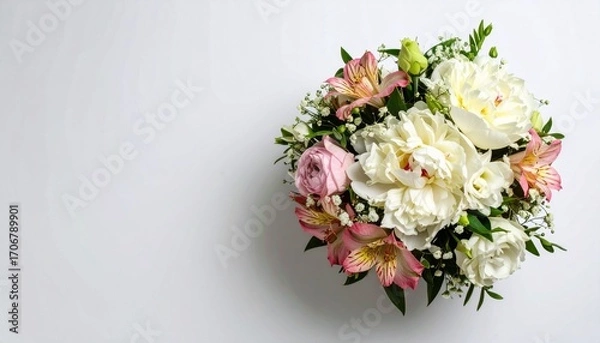 Fototapeta A Stunning Floral Bouquet Displaying Elegant White Peonies And Pink Flowers On A White Background, Creating A Beautiful And Natural Composition. With Comprehensive Details And Informative