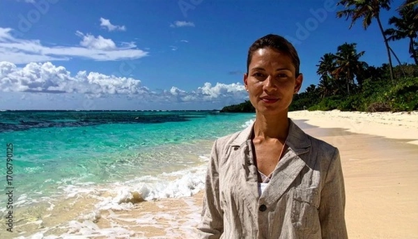 Fototapeta A Woman Stands On A Tropical Beach, Showcasing The Beauty Of Turquoise Waters, White Sand, And Lush Palm Trees Under A Clear Blue Sky. With Comprehensive Details And Informative Content For