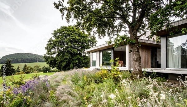 Fototapeta A Beautiful Modern House, With Its Contemporary Architecture, Nestled Amongst Lush Greenery, Surrounded By A Vibrant Meadow, Featuring A Large Tree, And A Peaceful, Natural Landscape,